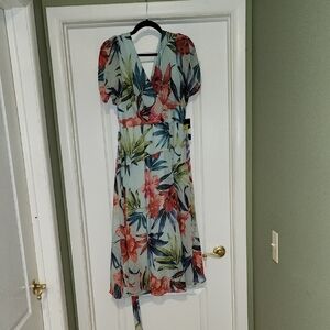 Maison Tara Blue and Pink Floral Midi Dress